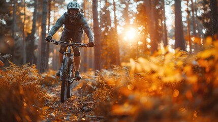 A mountain biker rides through a vibrant forest trail under the warm glow of the setting sun. Generative AI