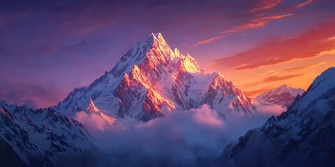 Obraz premium Dramatic mountain peak with colorful clouds at sunset.
