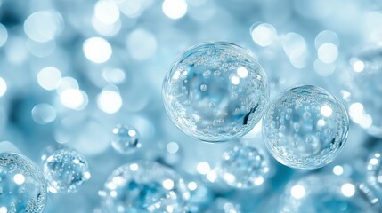 Close-Up of Floating Bubbles in Soft Blue Light with Bokeh Background