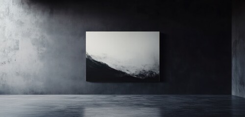 A monochrome art gallery setup, featuring a single large black-and-white painting hung on a matte dark gray wall. 