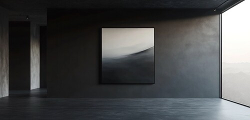 A monochrome art gallery setup, featuring a single large black-and-white painting hung on a matte dark gray wall. 