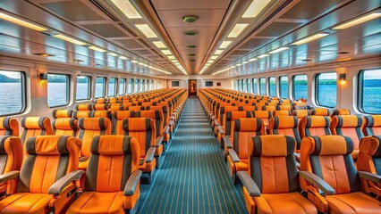 Fototapeta premium Rows of plush, vacant seats stretch inside a luxury ferry, adorned with orange life jackets, evoking a sense of adventure and upscale travel.