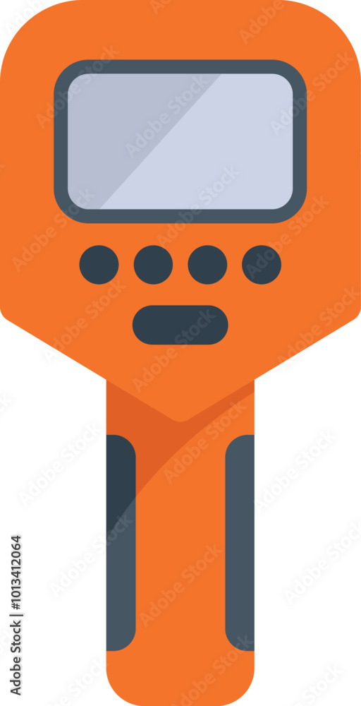 Poster orange metal detector with buttons and blank screen interface being held upright