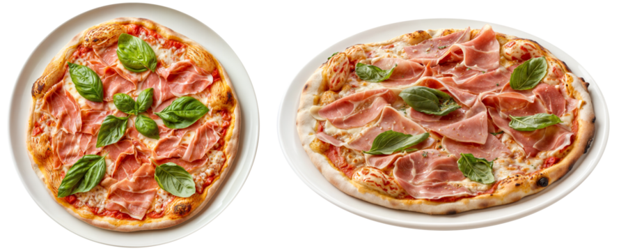 Authentic Italian Pizza with Prosciutto and Fresh Basil - Traditional Thin-Crust Pizza Topped with Cured Ham, Mozzarella, and Tomato Sauce Isolated on Transparent Background