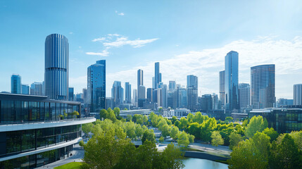 Fototapeta premium City Skyline and Skyscrapers Under Blue Sky and White Clouds Aerial View