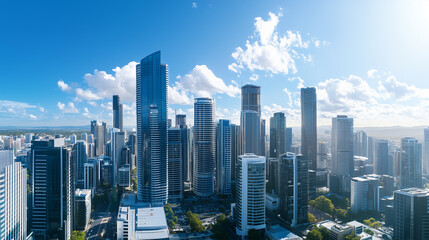 Obraz premium City Skyline and Skyscrapers Under Blue Sky and White Clouds Aerial View