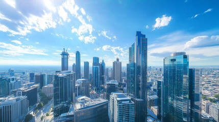 Obraz premium City Skyline and Skyscrapers Under Blue Sky and White Clouds Aerial View