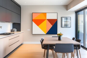 A modern, open-concept kitchen with minimalist cabinetry and a bold, geometric painting displayed on the wall above a sleek dining area.