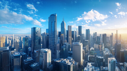 Obraz premium City Skyline and Skyscrapers Under Blue Sky and White Clouds Aerial View