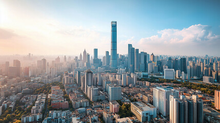 City Skyline and Skyscrapers Under Blue Sky and White Clouds Aerial View
