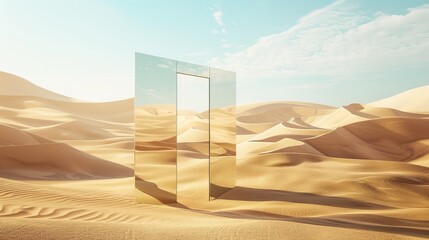 A serene modern glass door amidst soft dunes and expansive sky in a minimalist desert landscape