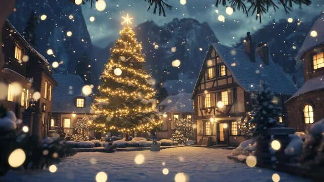 Christmas village with lit tree, snow-covered homes, glowing windows, twinkling lights, snowflakes falling.