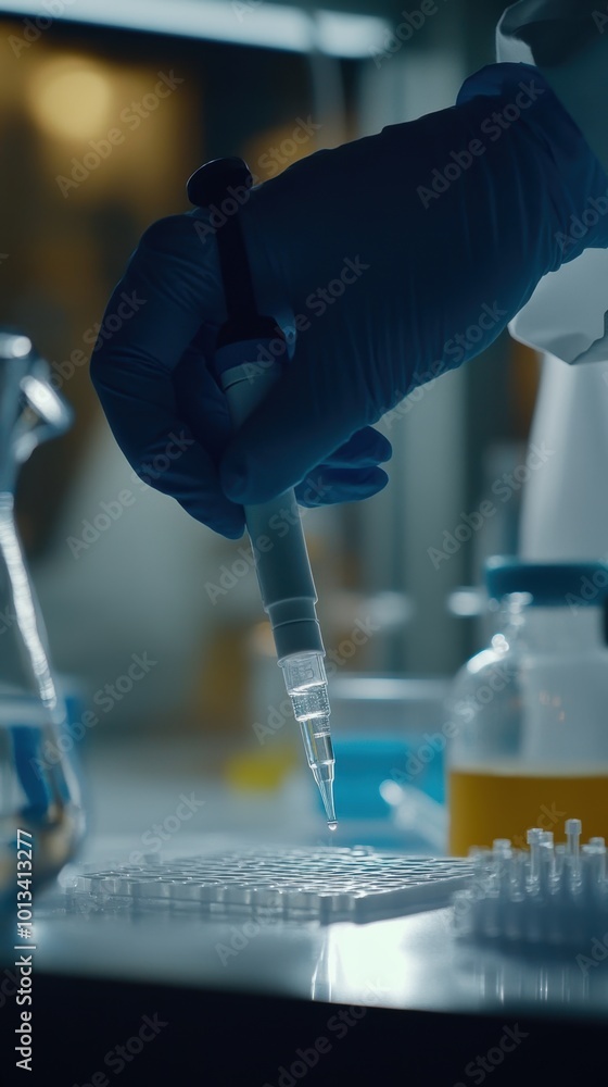 Poster scientist using micropipette dropping liquid in microplate in laboratory