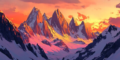 Obraz premium Dramatic mountain peaks glowing with warm sunset light.