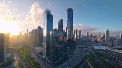 City Skyline and Skyscrapers Under Blue Sky and White Clouds Aerial View