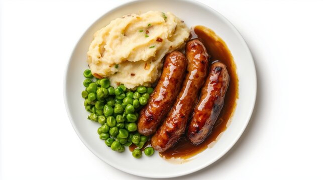 Bangers and Mash on a plate, on white plain isolated, top view
