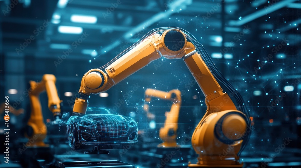 Aufkleber robotic arms assembling a digital car model in a high-tech factory setting.