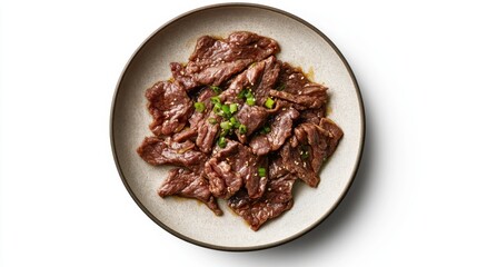 Bulgogi on a plate, on white plain isolated, top view