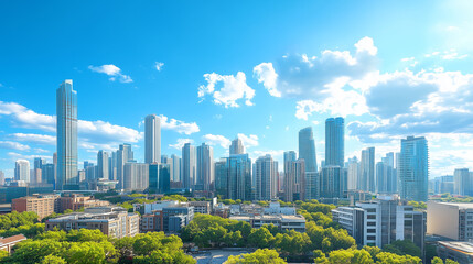 Obraz premium City Skyline and Skyscrapers Under Blue Sky and White Clouds Aerial View