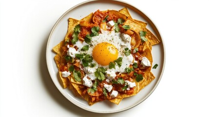 Chilaquiles on a plate, on white plain isolated, top view