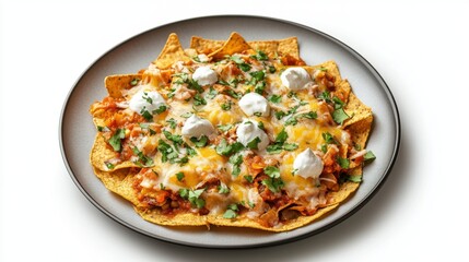 Chilaquiles on a plate, on white plain isolated, top view