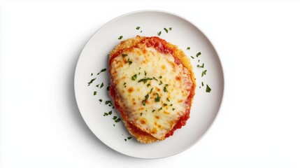  Chicken Parmigiana on a plate, on white plain isolated, top view