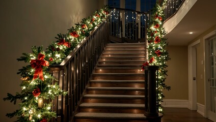 Holiday stairway decorations with garlands and lights for festive ambiance.