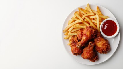 Fried Chicken with french fries and ketchupon a plate, on white plain isolated, top view