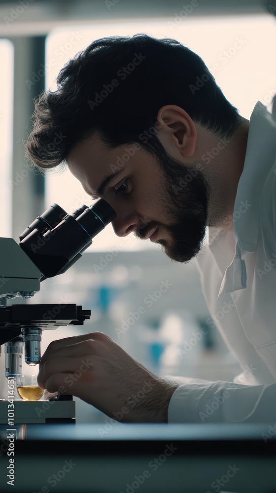 Poster scientist analyzing sample with microscope in laboratory