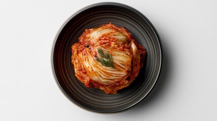 Kimchi on a plate, on white plain isolated, top view