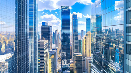 Obraz premium Aerial View of City Skyline and High-Rise Buildings Under Blue Sky and White Clouds