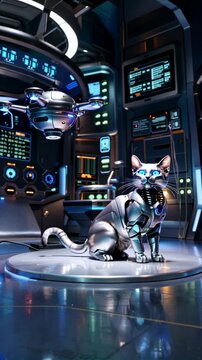  Chat  robotique dans une salle de contr&ocirc;le futuriste - Science-fiction technologique