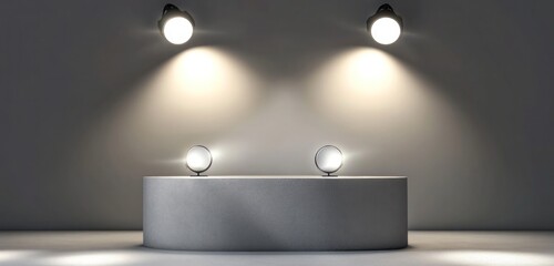 A minimalist studio environment featuring adjustable LED spotlights shining onto a matte grey pedestal. The lights are precisely positioned to cast soft, elongated shadows