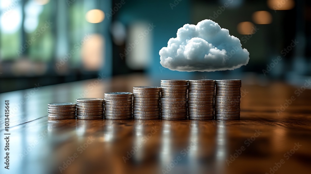Poster a cloud icon hovering over a growing stack of coins on a wooden table, representing cloud computing 