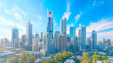 Obraz premium Aerial View of City Skyline and High-Rise Buildings Under Blue Sky and White Clouds