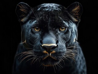 front view of a sleek panther against a dark background its intense gaze embodying the essence of a predator highlighted by subtle lighting enhancing its powerful presence