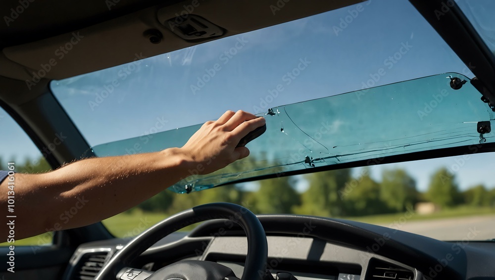 Poster installing a windshield on a vehicle with a modern design.