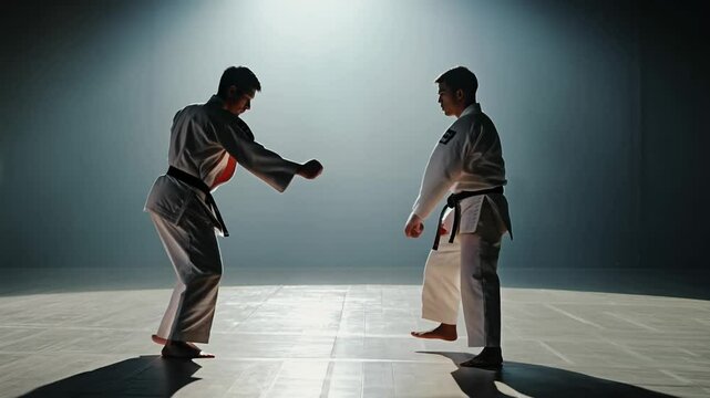 Two martial artists bow before a sparring match in a traditional dojo with rim lighting, captured in a static, slow motion medium two-video