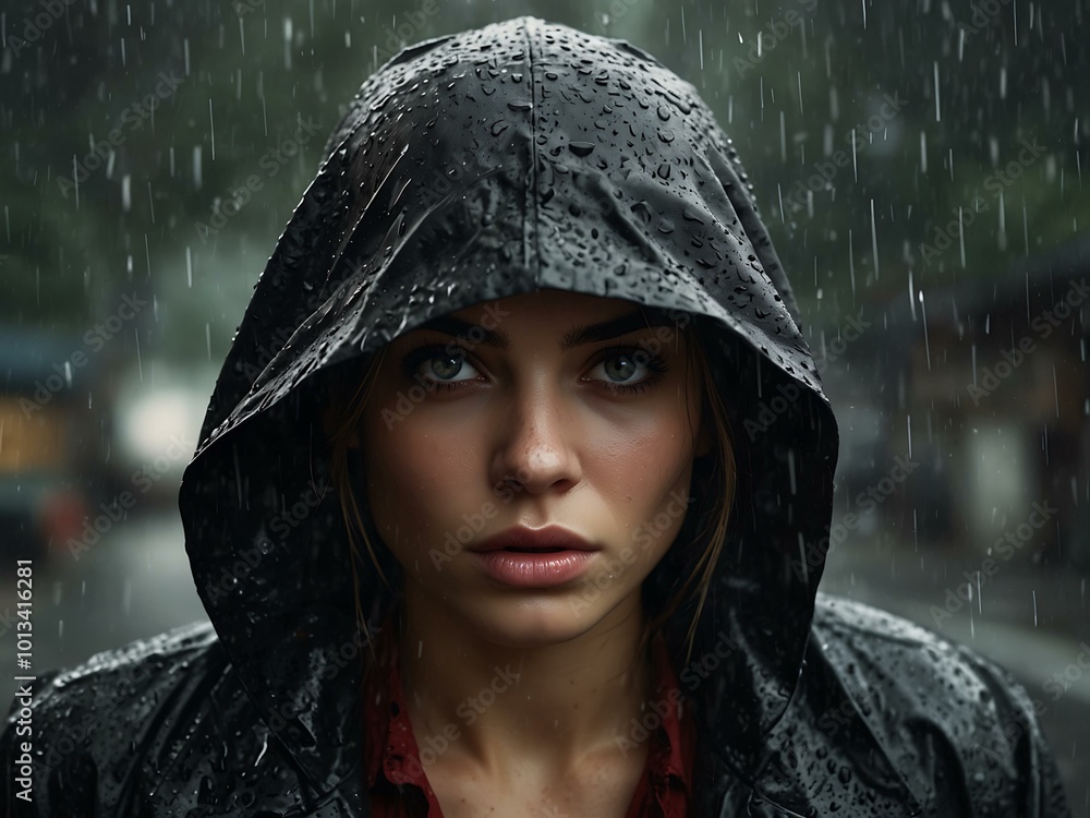 Sticker Intense portrait of a woman in the rain – digital art.