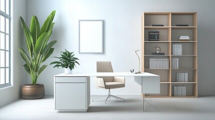 Fototapeta premium A minimalist home office with a white desk, a comfortable modern chair, a potted plant, and a sleek bookshelf, all set in front of a large window that allows natural light to flood the room.