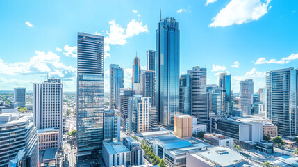 Obraz premium Aerial View of City Skyline and High-Rise Buildings Under Blue Sky and White Clouds