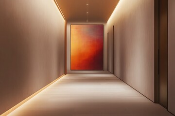 A minimalist hallway with soft lighting and neutral-colored walls, highlighted by a vibrant, oversized canvas. 