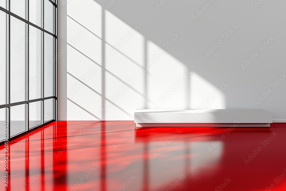 Poster red and white wall with a red stripe running down the middle. red stripe is on the bottom of the wal