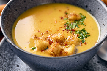Bowl of mashed potato soup with a spoon on the plate. The bowl is filled with yellow soup puree and topped with croutons, parsley and ground red pepper.