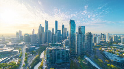 Naklejka premium Aerial View of City Skyline and High-Rise Buildings Under Blue Sky and White Clouds