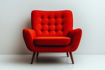Red leather chair with black legs. It is sitting on a white background. The chair is empty. Furniture armchair red white background