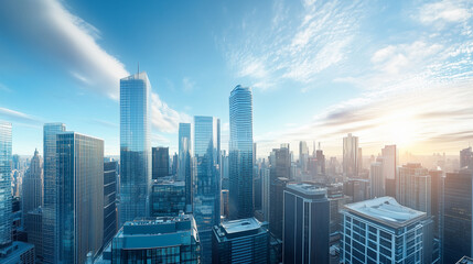 Fototapeta premium Aerial View of City Skyline and High-Rise Buildings Under Blue Sky and White Clouds