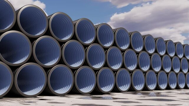 stack of large-diameter dark blue polyethylene pipes are laid outdoors, forming an industrial video background. The camera glides smoothly along the pipes. Time lapse. 3D render.