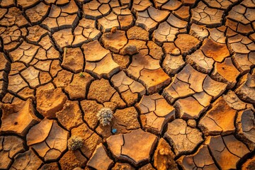 Dry, compacted earth with cracks and scattered small rocks, forming a natural, abstract pattern, evoking a sense of weathered, barren terrain in a nature background.
