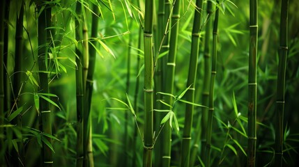 Showcasing intricate details of bamboo stalks and leaves with vivid fresh green hues